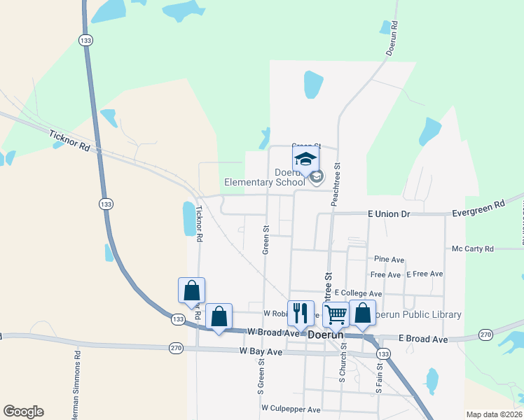map of restaurants, bars, coffee shops, grocery stores, and more near Green Street in Doerun