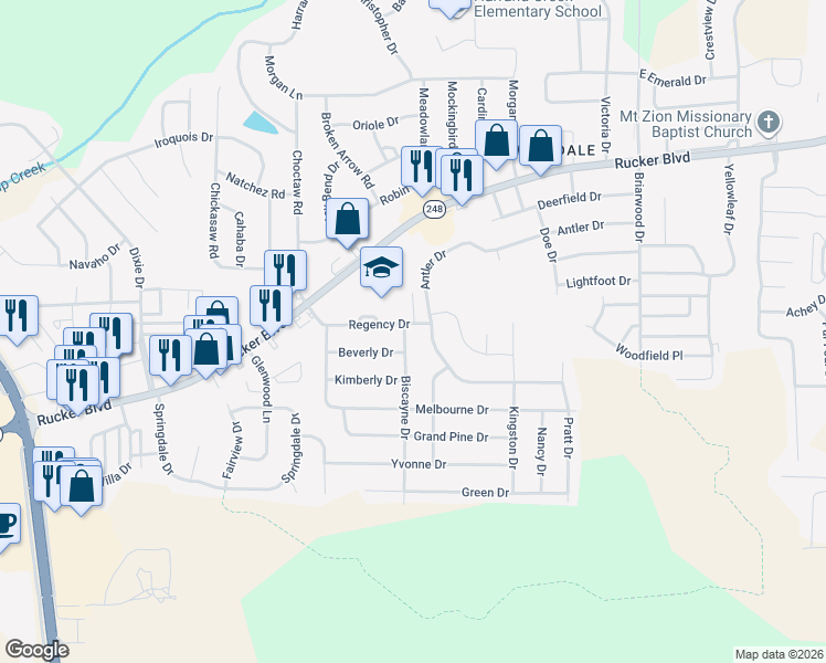 map of restaurants, bars, coffee shops, grocery stores, and more near 101 Biscayne Drive in Enterprise