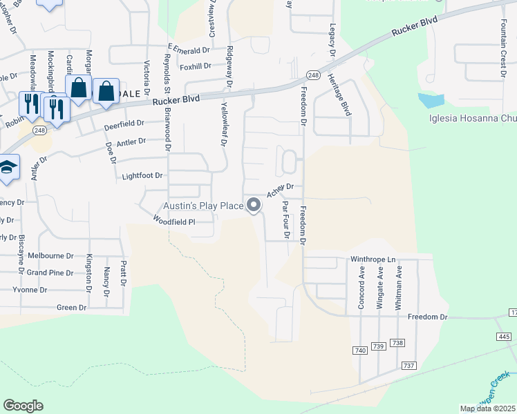map of restaurants, bars, coffee shops, grocery stores, and more near 156 Morniningdove Way in Enterprise