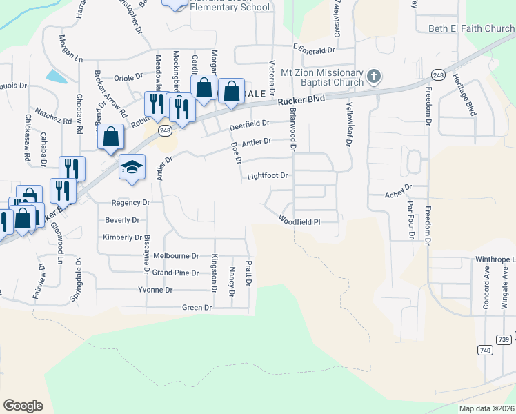 map of restaurants, bars, coffee shops, grocery stores, and more near 38 Woodfield Place in Enterprise