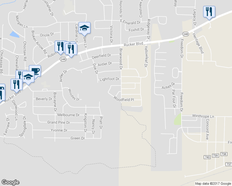 map of restaurants, bars, coffee shops, grocery stores, and more near 114 Pineridge Drive in Enterprise