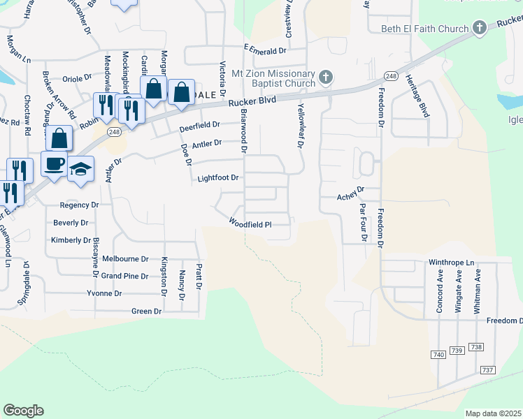 map of restaurants, bars, coffee shops, grocery stores, and more near 5E Briarwood Drive in Enterprise