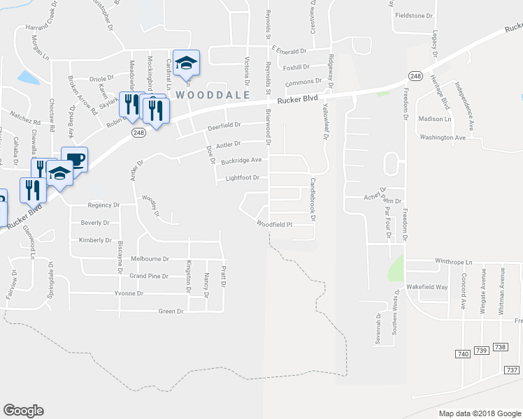 map of restaurants, bars, coffee shops, grocery stores, and more near 114 Pineridge Drive in Enterprise