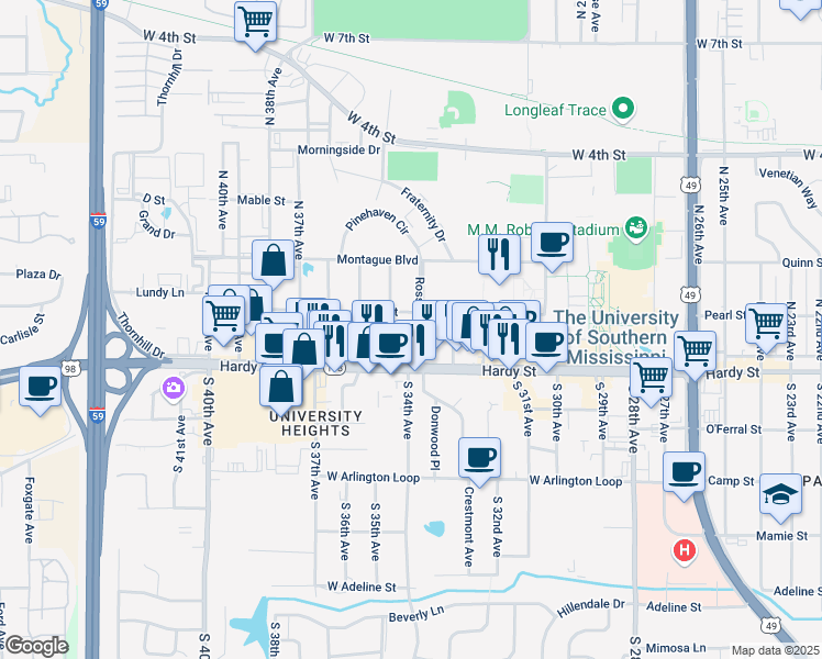 map of restaurants, bars, coffee shops, grocery stores, and more near 106 Ross Boulevard in Hattiesburg