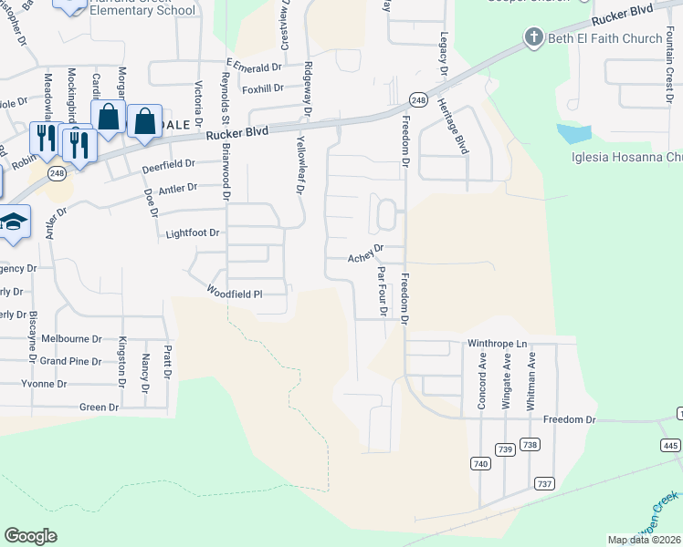map of restaurants, bars, coffee shops, grocery stores, and more near 156 Morniningdove Way in Enterprise