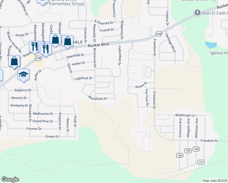 map of restaurants, bars, coffee shops, grocery stores, and more near 129 Candlebrook Drive in Enterprise