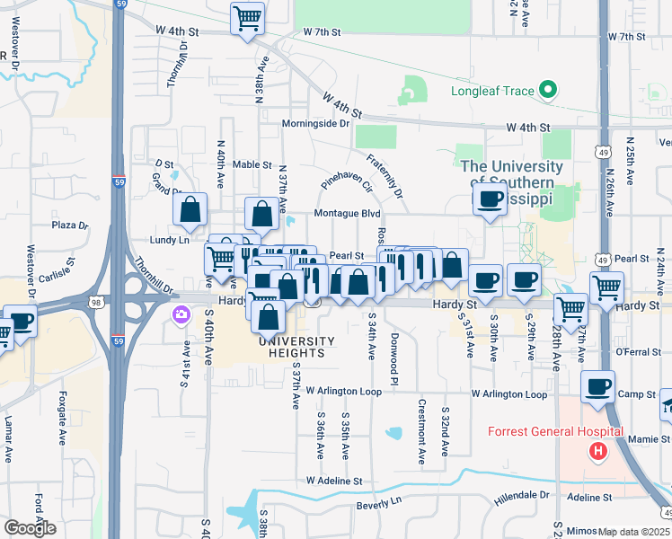 map of restaurants, bars, coffee shops, grocery stores, and more near 119 North 35th Avenue in Hattiesburg
