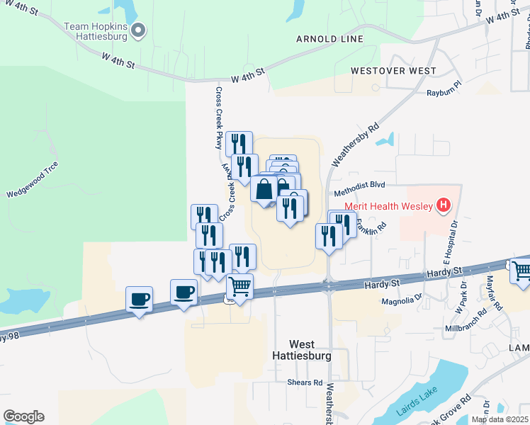 map of restaurants, bars, coffee shops, grocery stores, and more near 1000 Turtle Creek Drive in Hattiesburg