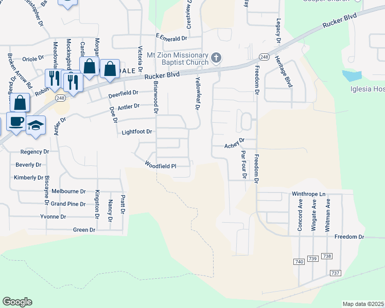 map of restaurants, bars, coffee shops, grocery stores, and more near 131 Candlebrook Drive in Enterprise