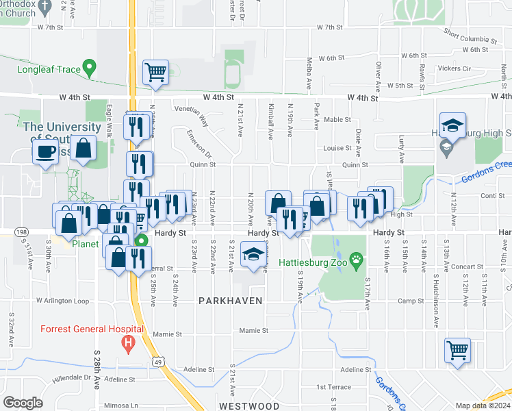 map of restaurants, bars, coffee shops, grocery stores, and more near 110 N 20th Ave in Hattiesburg