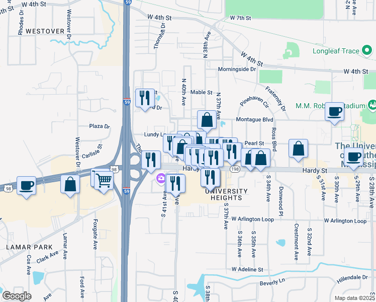 map of restaurants, bars, coffee shops, grocery stores, and more near 103 North 40th Avenue in Hattiesburg