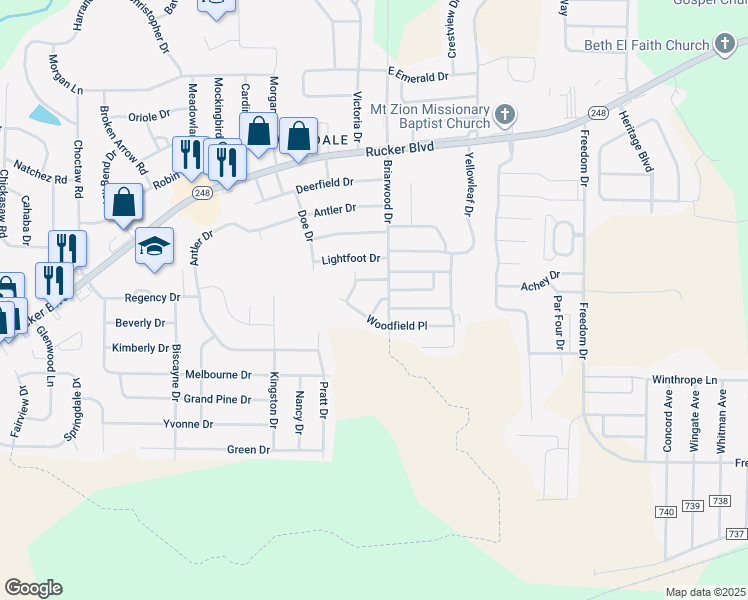map of restaurants, bars, coffee shops, grocery stores, and more near 117 Pineridge Drive in Enterprise