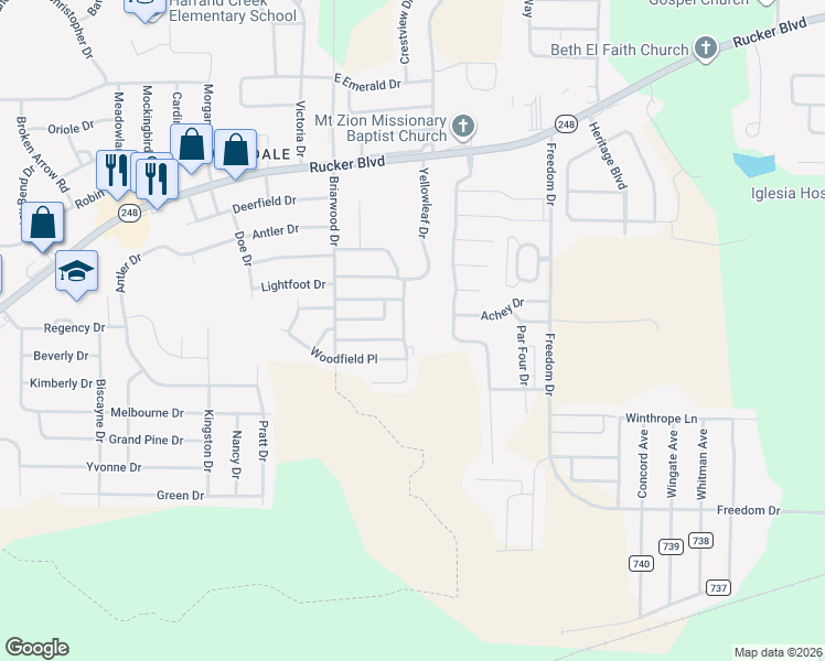 map of restaurants, bars, coffee shops, grocery stores, and more near 131 Candlebrook Drive in Enterprise
