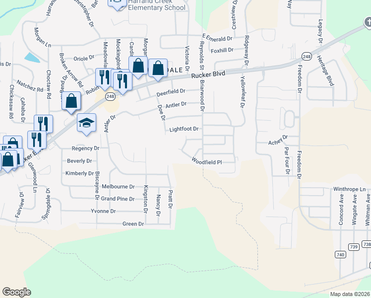 map of restaurants, bars, coffee shops, grocery stores, and more near 52 Woodfield Place in Enterprise