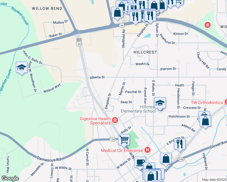 map of restaurants, bars, coffee shops, grocery stores, and more near 130 Dauphin Street in Enterprise