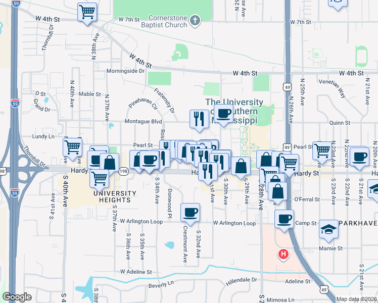map of restaurants, bars, coffee shops, grocery stores, and more near 115 North 32nd Avenue in Hattiesburg