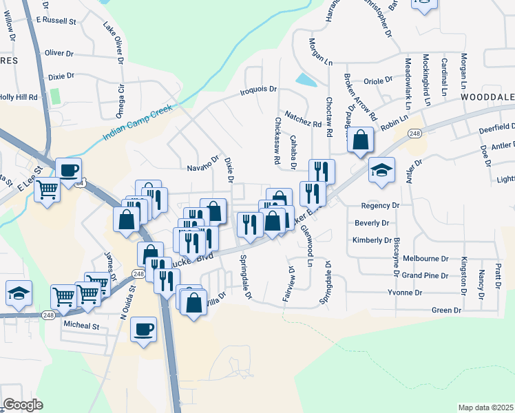 map of restaurants, bars, coffee shops, grocery stores, and more near 100 Dixie Drive in Enterprise