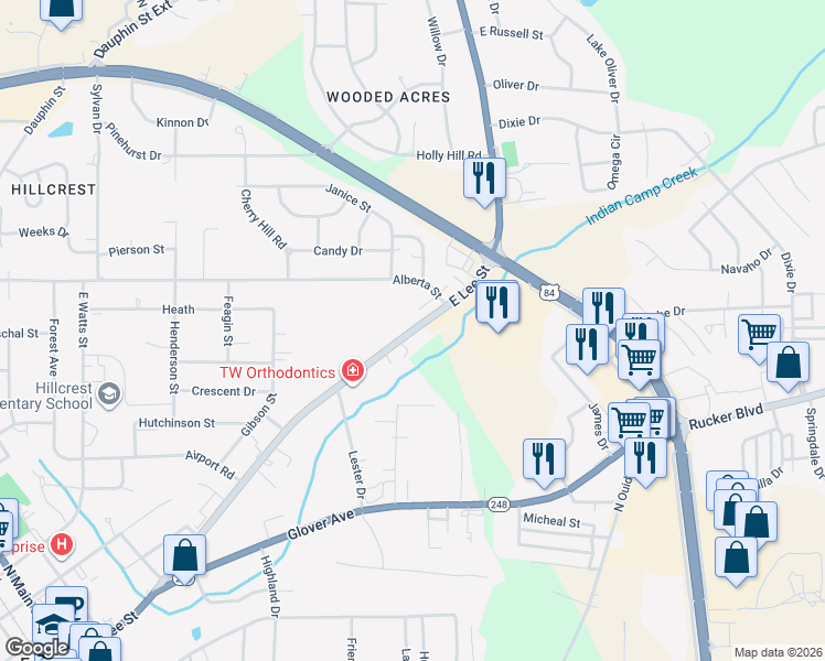 map of restaurants, bars, coffee shops, grocery stores, and more near 801-805 East Lee Street in Enterprise
