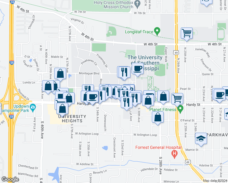 map of restaurants, bars, coffee shops, grocery stores, and more near 100 North 33rd Avenue in Hattiesburg
