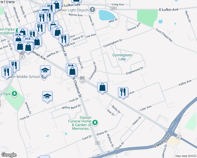 map of restaurants, bars, coffee shops, grocery stores, and more near 7 Lazy Oaks Street in Lufkin