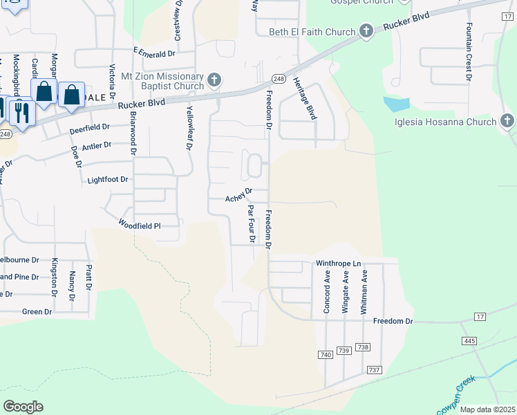 map of restaurants, bars, coffee shops, grocery stores, and more near 108 Palm Drive in Enterprise