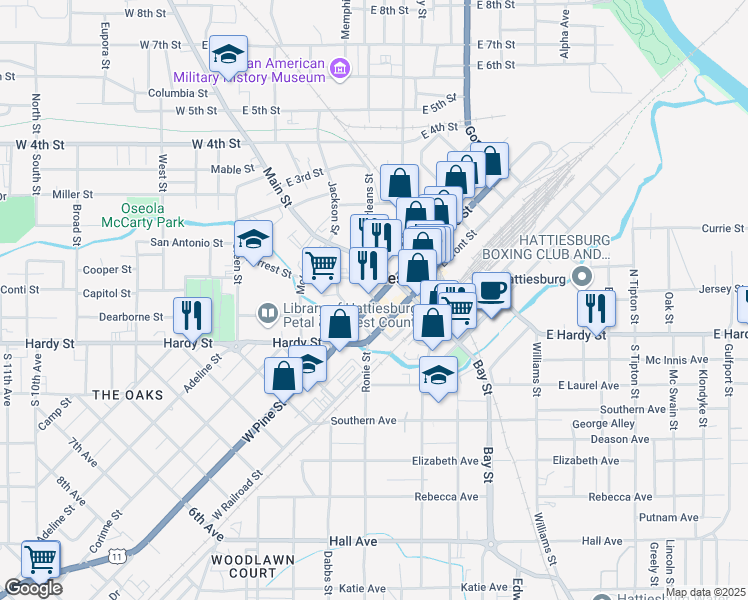 map of restaurants, bars, coffee shops, grocery stores, and more near in Hattiesburg
