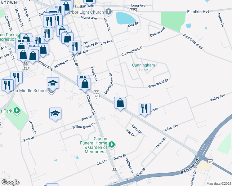 map of restaurants, bars, coffee shops, grocery stores, and more near 101 Lazy Oaks Street in Lufkin