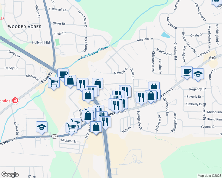map of restaurants, bars, coffee shops, grocery stores, and more near 201 Apache Drive in Enterprise