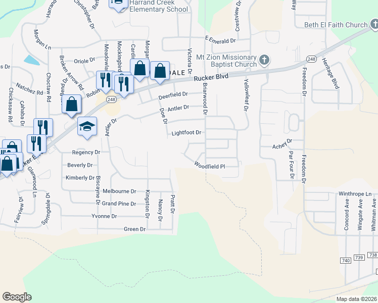 map of restaurants, bars, coffee shops, grocery stores, and more near 108 Woodrun Drive in Enterprise