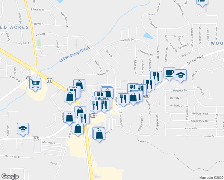 map of restaurants, bars, coffee shops, grocery stores, and more near 201 Dixie Drive in Enterprise