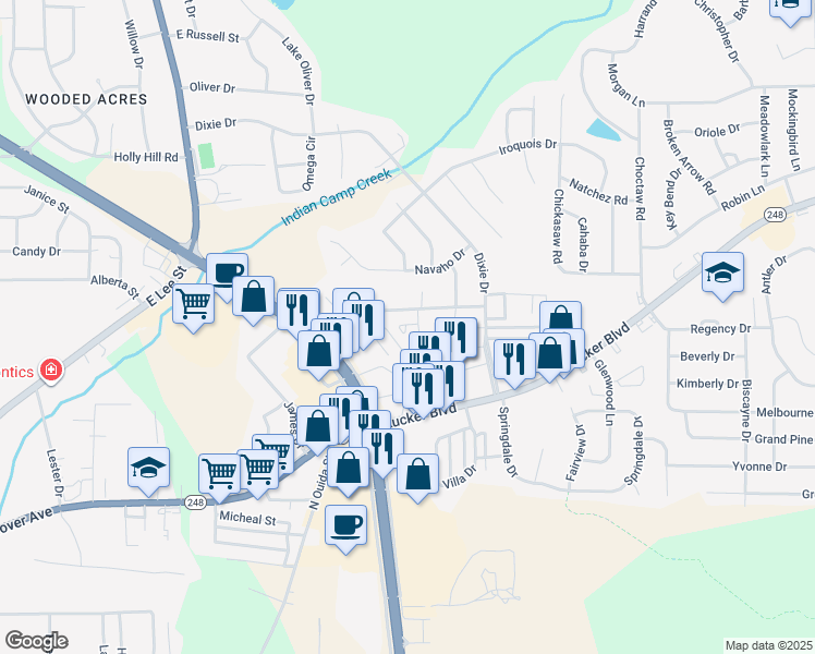 map of restaurants, bars, coffee shops, grocery stores, and more near 201 Apache Drive in Enterprise