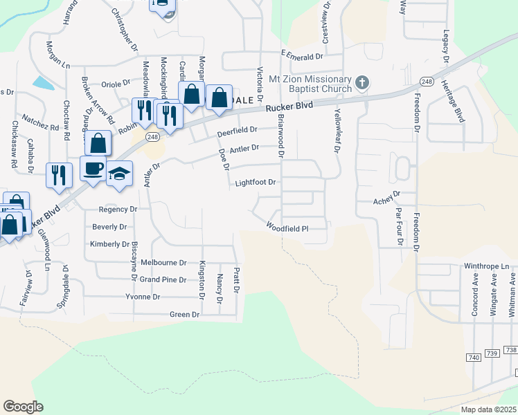 map of restaurants, bars, coffee shops, grocery stores, and more near 110 Woodrun Drive in Enterprise