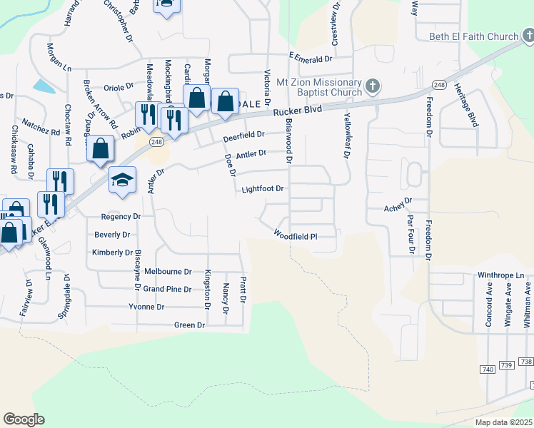 map of restaurants, bars, coffee shops, grocery stores, and more near 112 Woodrun Drive in Enterprise