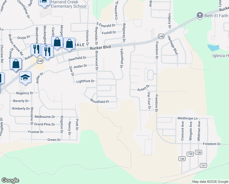 map of restaurants, bars, coffee shops, grocery stores, and more near 131 Candlebrook Drive in Enterprise