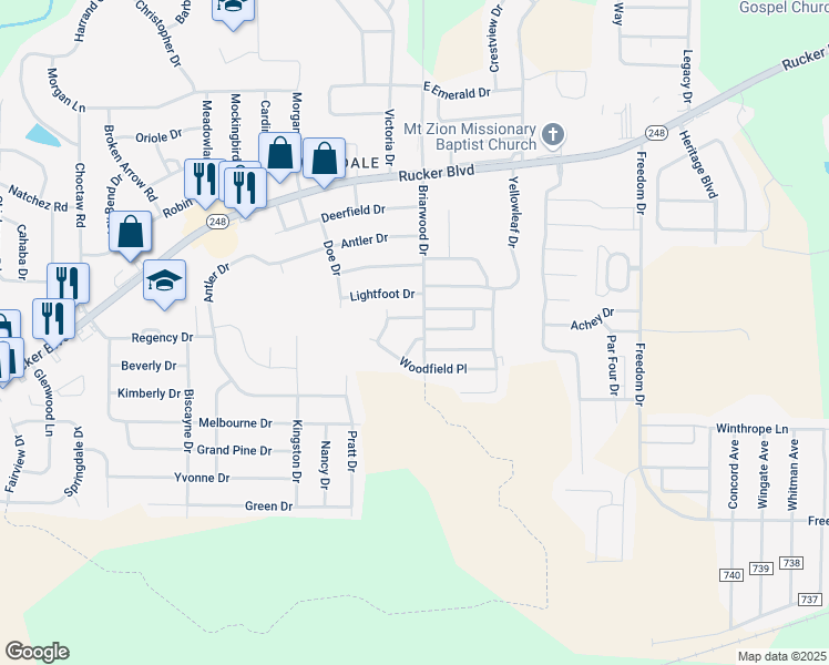 map of restaurants, bars, coffee shops, grocery stores, and more near 114 Pineridge Drive in Enterprise