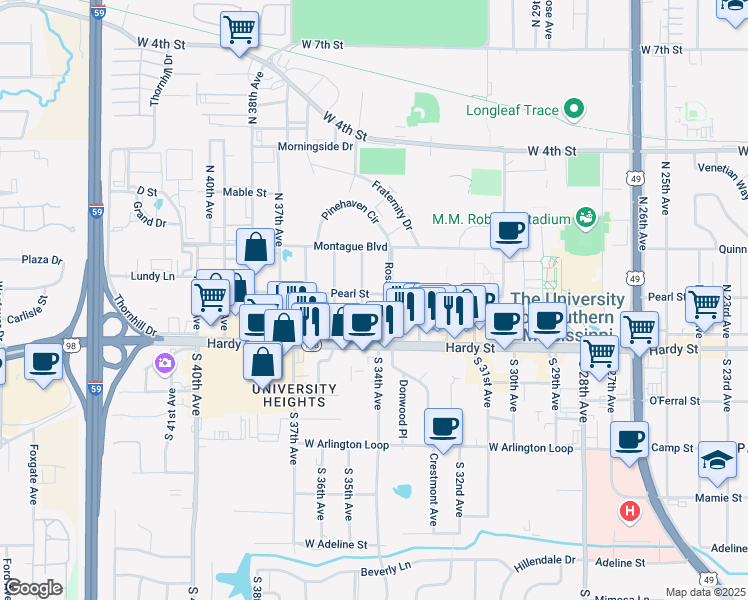 map of restaurants, bars, coffee shops, grocery stores, and more near 106 Ross Boulevard in Hattiesburg