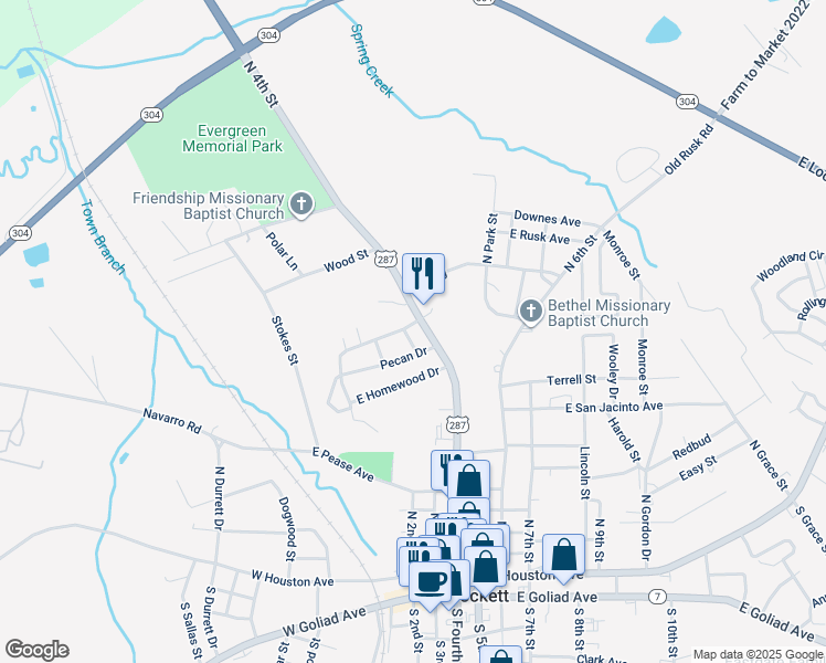 map of restaurants, bars, coffee shops, grocery stores, and more near 304 Pecan Drive in Crockett