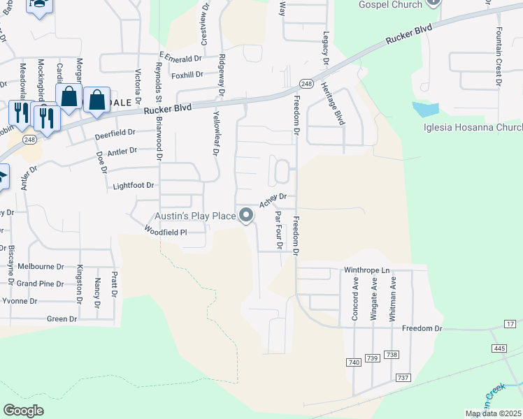 map of restaurants, bars, coffee shops, grocery stores, and more near 3102 Achey Drive in Enterprise