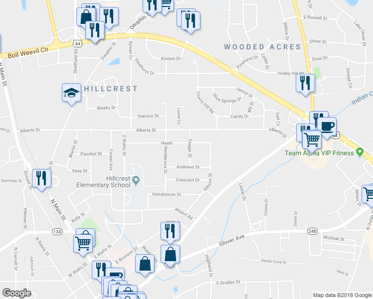 map of restaurants, bars, coffee shops, grocery stores, and more near 103 Feagin Street in Enterprise