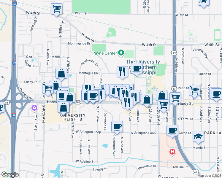 map of restaurants, bars, coffee shops, grocery stores, and more near 100 North 33rd Avenue in Hattiesburg