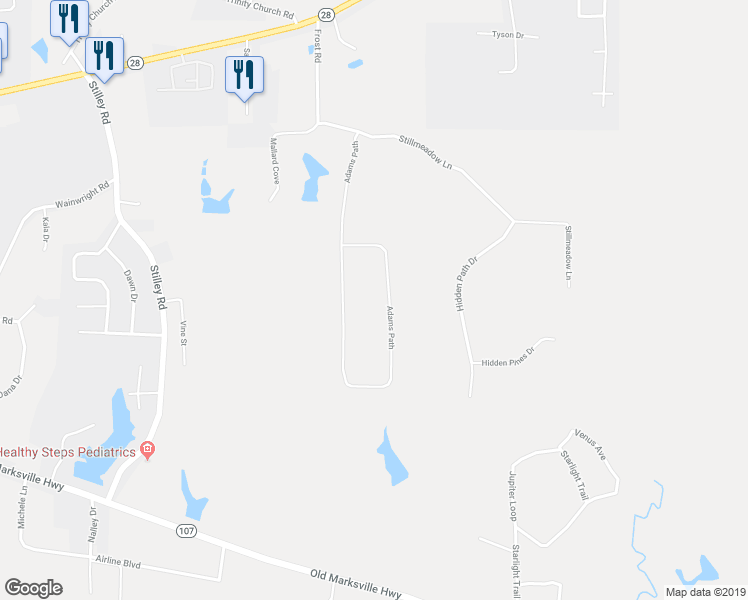 map of restaurants, bars, coffee shops, grocery stores, and more near 221 Adams Path in Pineville