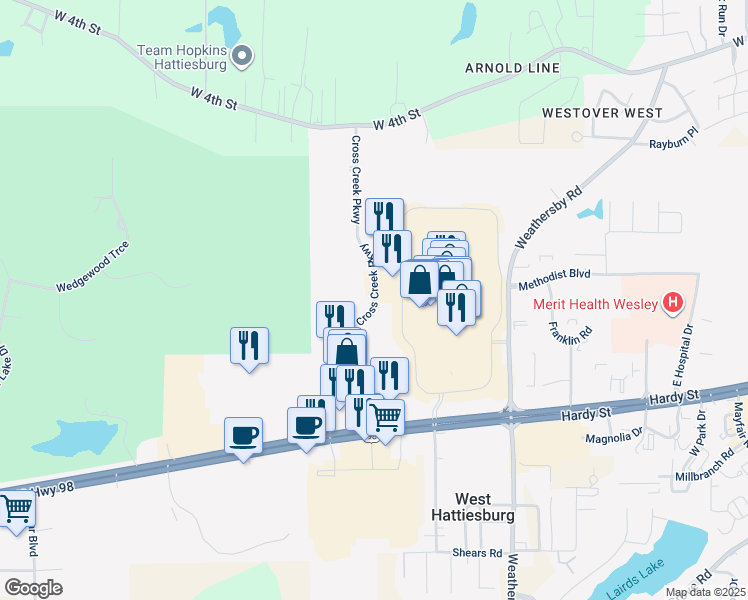 map of restaurants, bars, coffee shops, grocery stores, and more near 153 Turtle Creek Drive in Hattiesburg