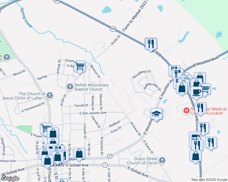 map of restaurants, bars, coffee shops, grocery stores, and more near 309 North Grace Street in Crockett