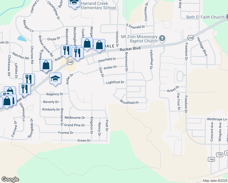 map of restaurants, bars, coffee shops, grocery stores, and more near 52 Woodfield Place in Enterprise