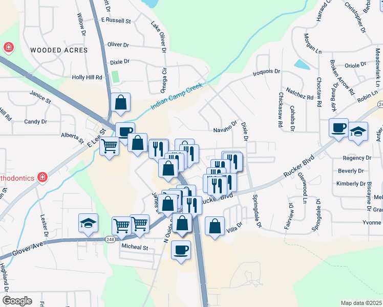 map of restaurants, bars, coffee shops, grocery stores, and more near 209 Apache Drive in Enterprise