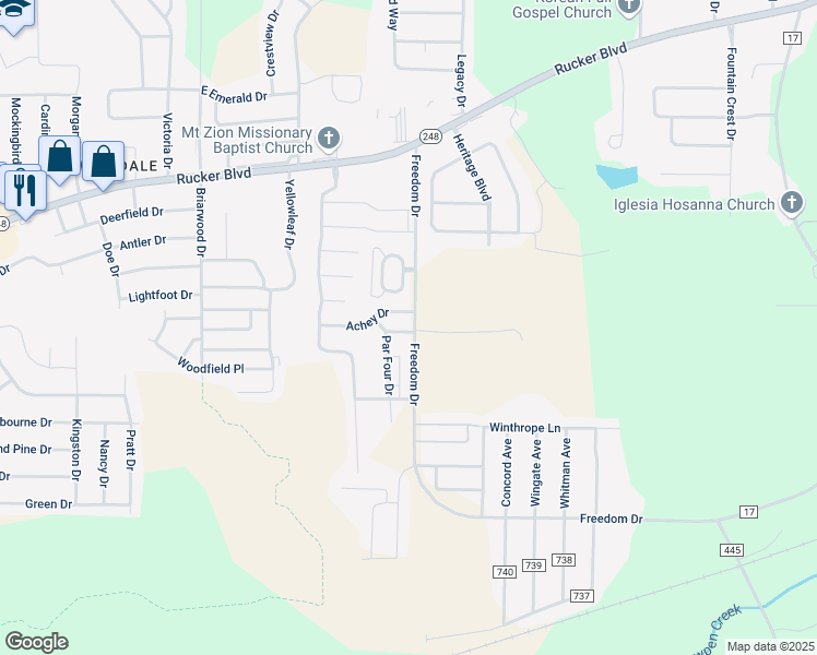 map of restaurants, bars, coffee shops, grocery stores, and more near 108 Palm Drive in Enterprise