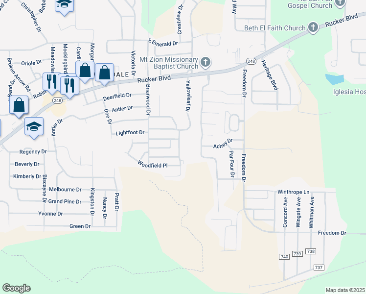 map of restaurants, bars, coffee shops, grocery stores, and more near 131 Candlebrook Drive in Enterprise