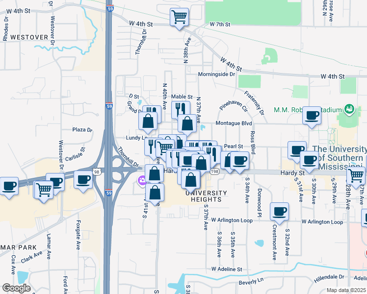 map of restaurants, bars, coffee shops, grocery stores, and more near 106 North 38th Avenue in Hattiesburg