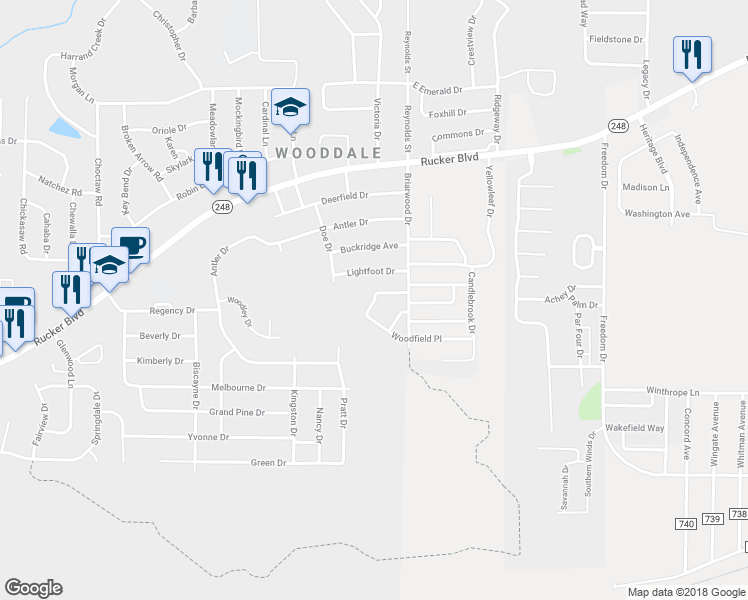 map of restaurants, bars, coffee shops, grocery stores, and more near Woodrun Drive in Enterprise