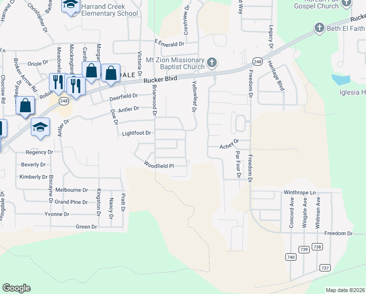 map of restaurants, bars, coffee shops, grocery stores, and more near 131 Candlebrook Drive in Enterprise